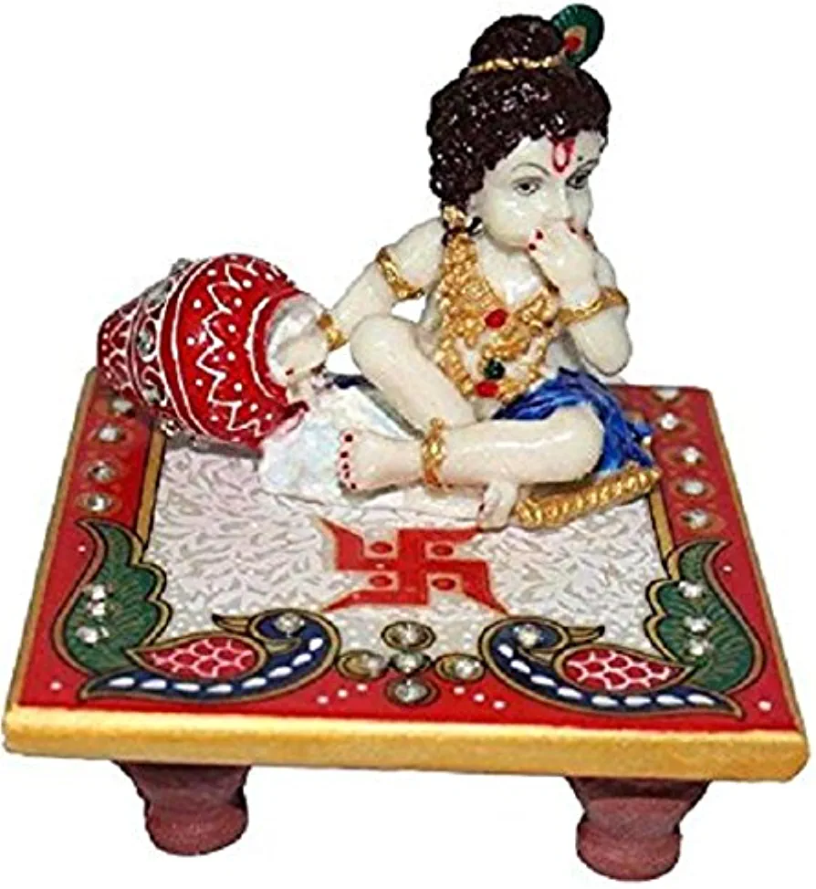 Hand Painted Marble Baby Krishna (Laddu Gopal) Statue with Decorative Chowki