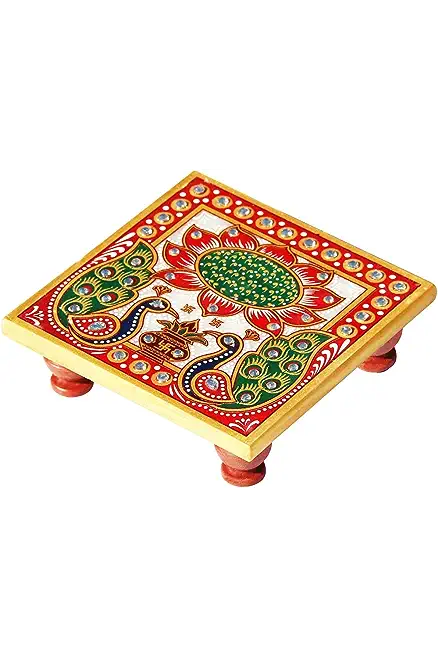 Handcrafted Marble Pooja Chowki (Bajot) with Peacock & Lotus Meenakari Art
