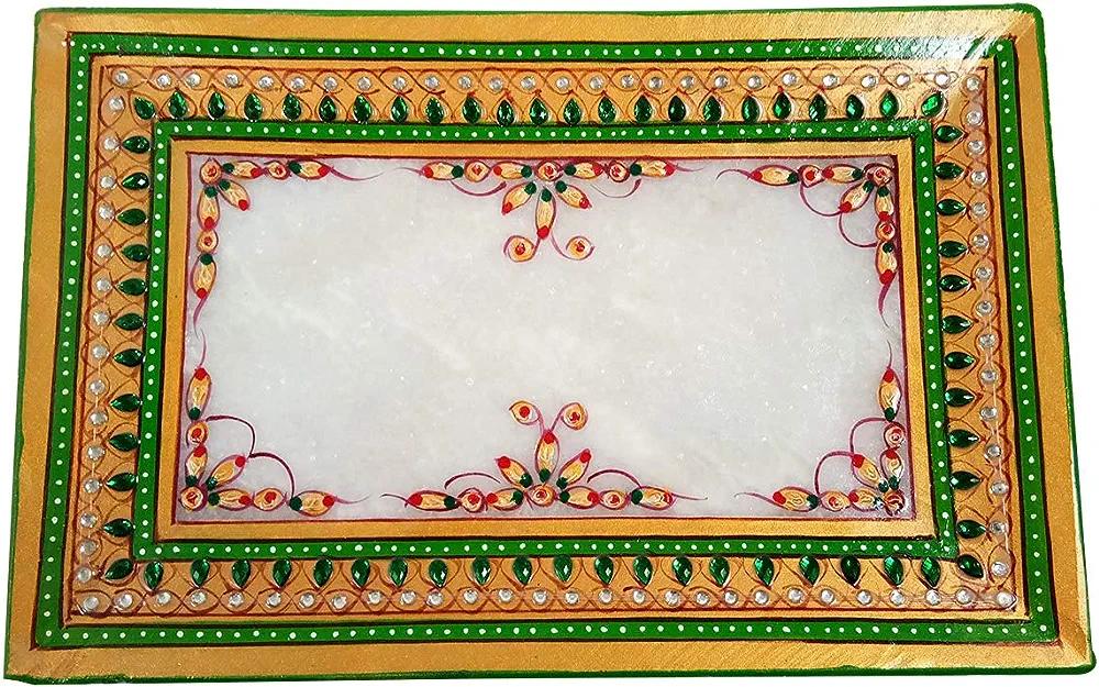 Handcrafted Marble Serving Tray with Meenakari & Stone Work – Decorative Marble Platter