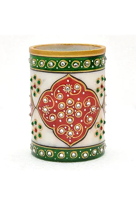 Handcrafted Marble Pen Holder with Decorative Stone Inlay Work