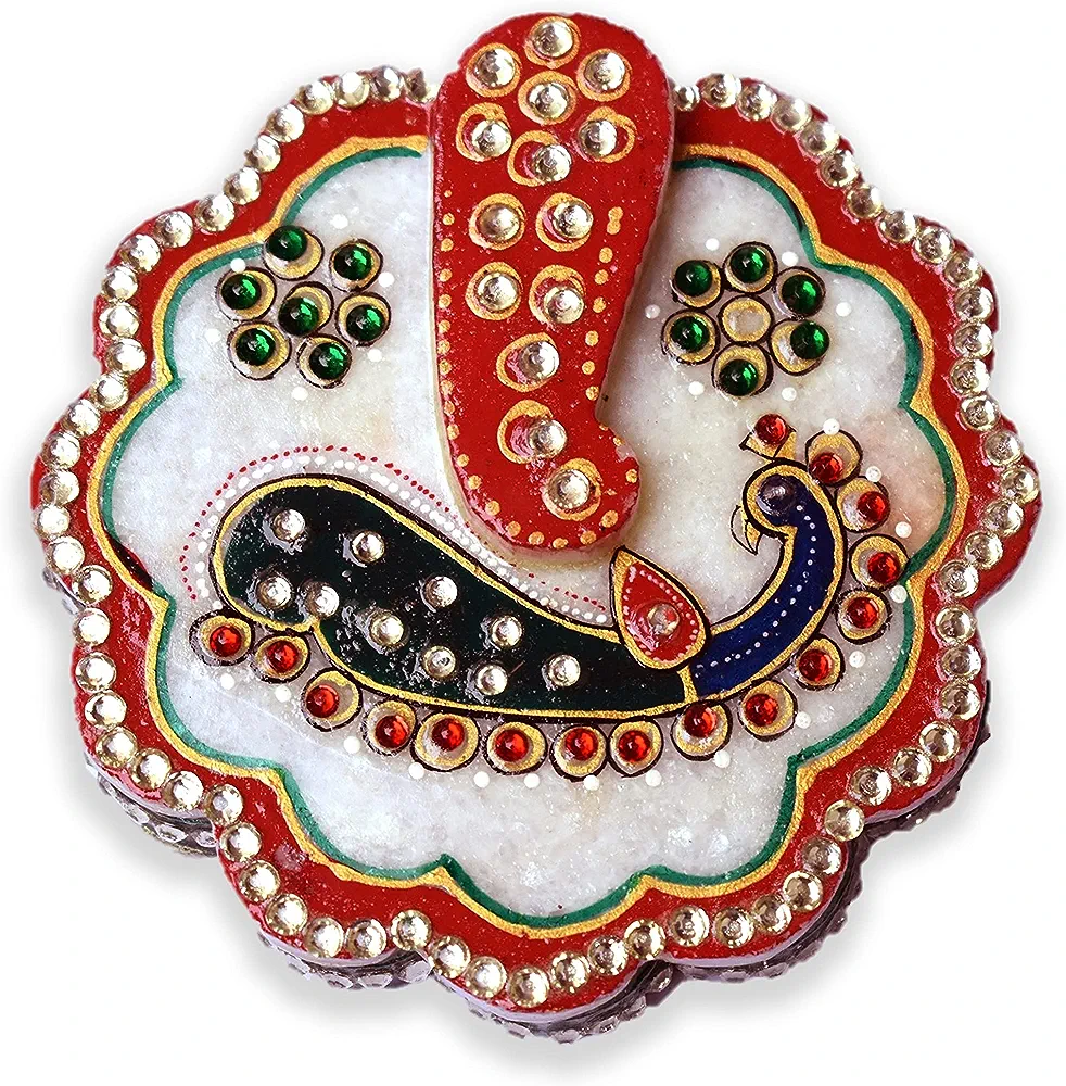 Handcrafted Marble Ganesha Kumkum Box with Meenakari & Stone Work – Decorative Puja Box