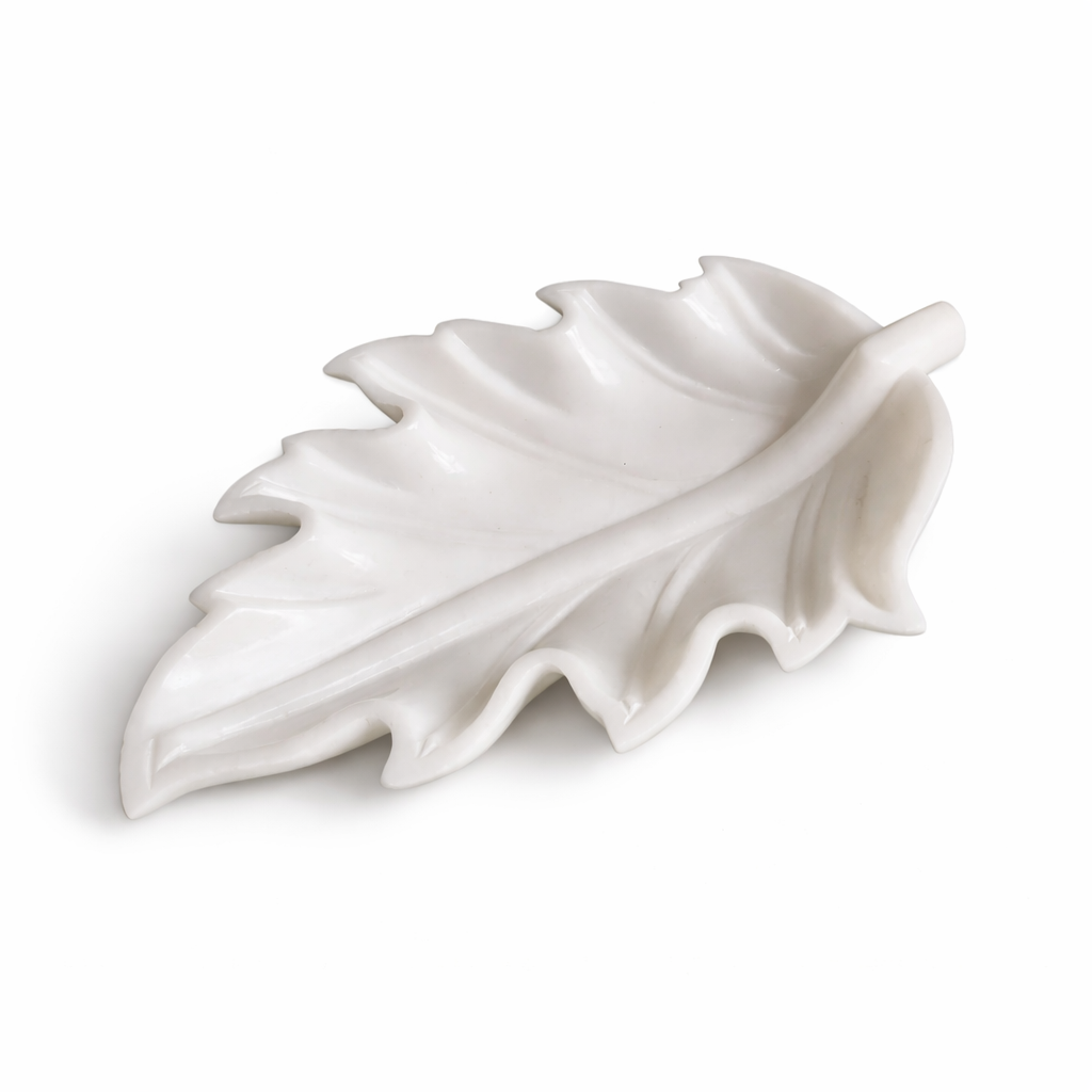 Handcrafted White Marble Leaf Shaped Decorative Tray