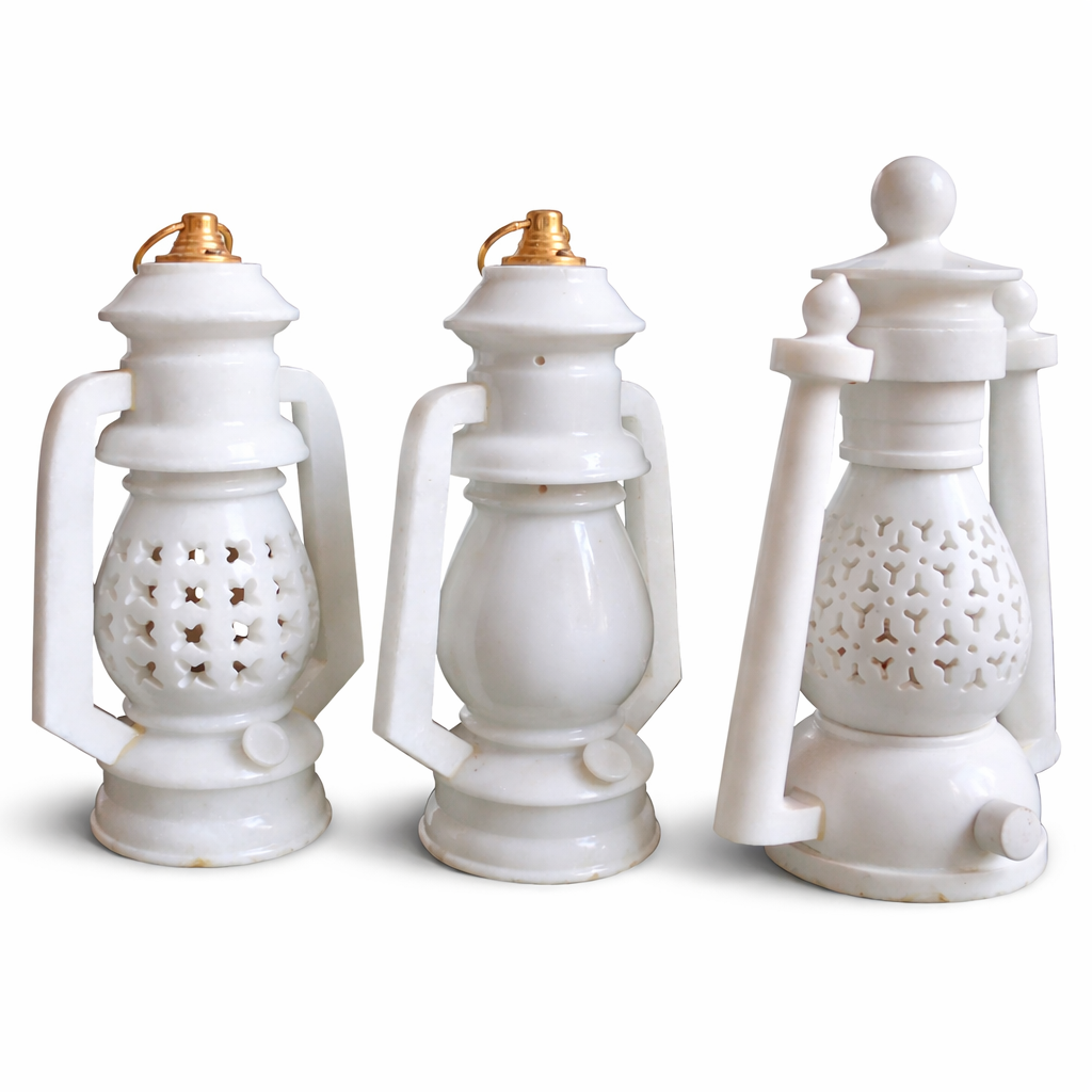 Handcrafted White Marble Lantern Lamp – Decorative Vintage Style Table Lamp