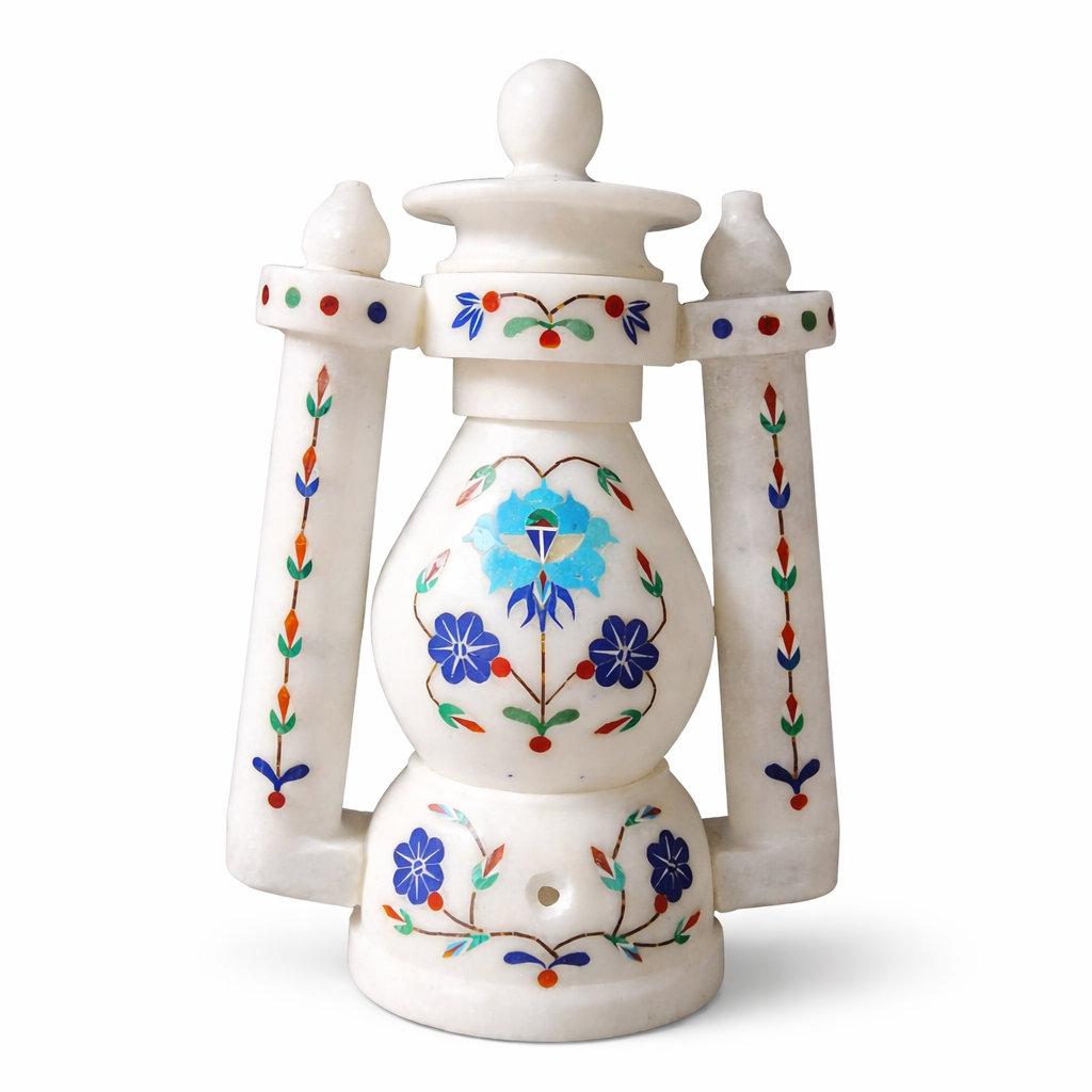 Handcrafted Marble Inlay Lantern Lamp – Decorative Floral Stone Work Table Lamp