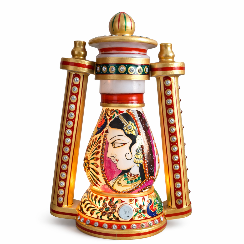 Handcrafted Rajasthani Lady Decorative Lantern Lamp – Traditional Hand Painted Table Lamp