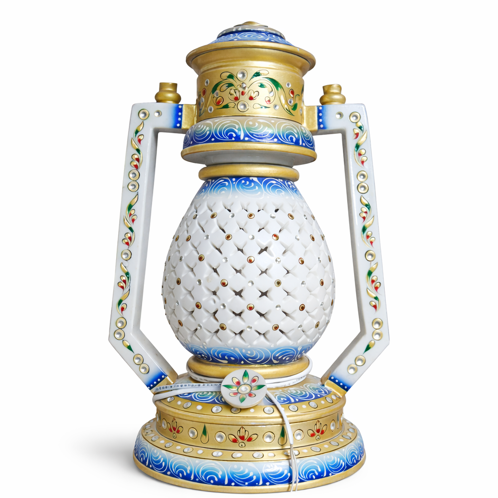 Handcrafted Marble Jali Lantern Lamp – Decorative Stone Inlay Table Lamp