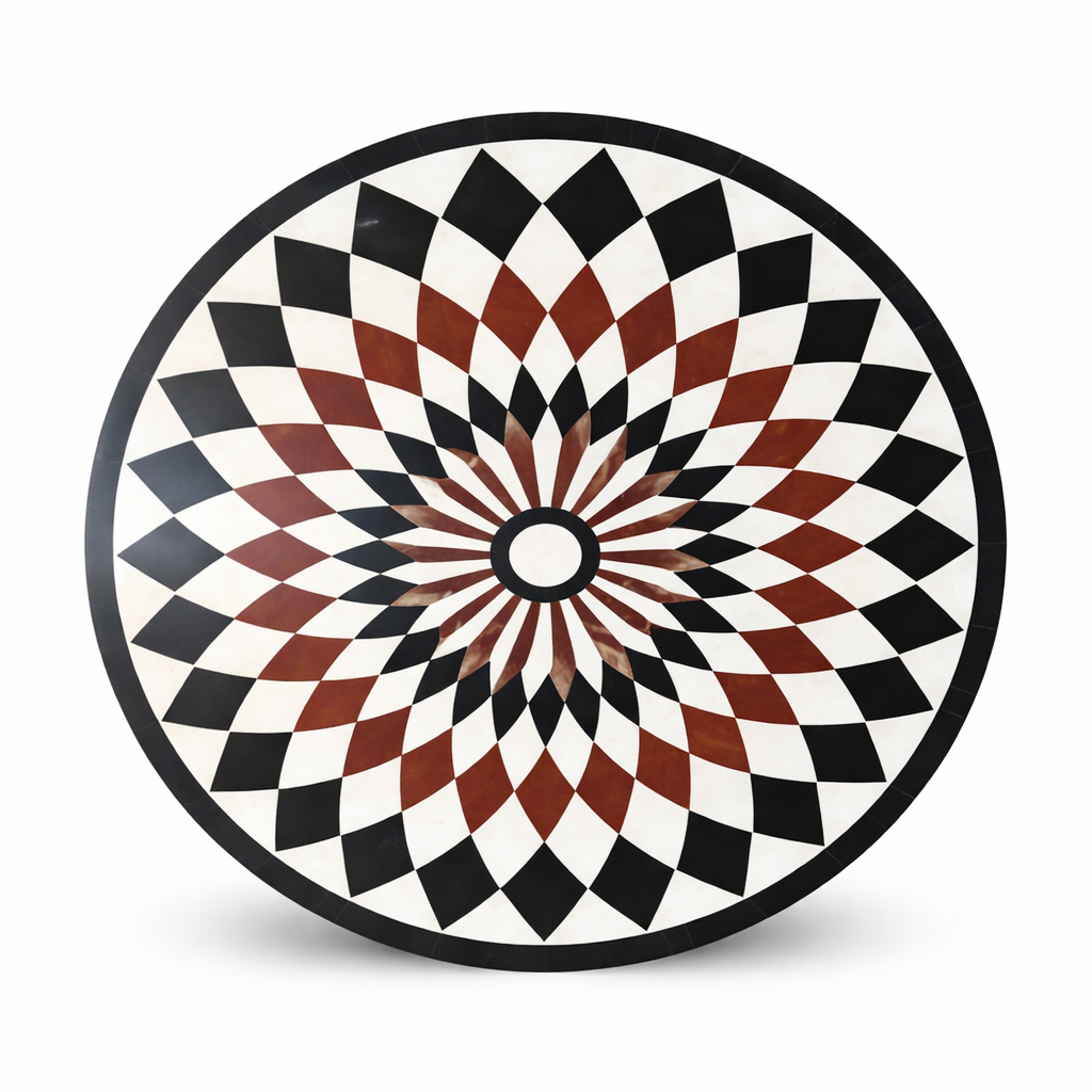 Handcrafted Round Marble Inlay Table Top – Geometric Floral Design Marble Art