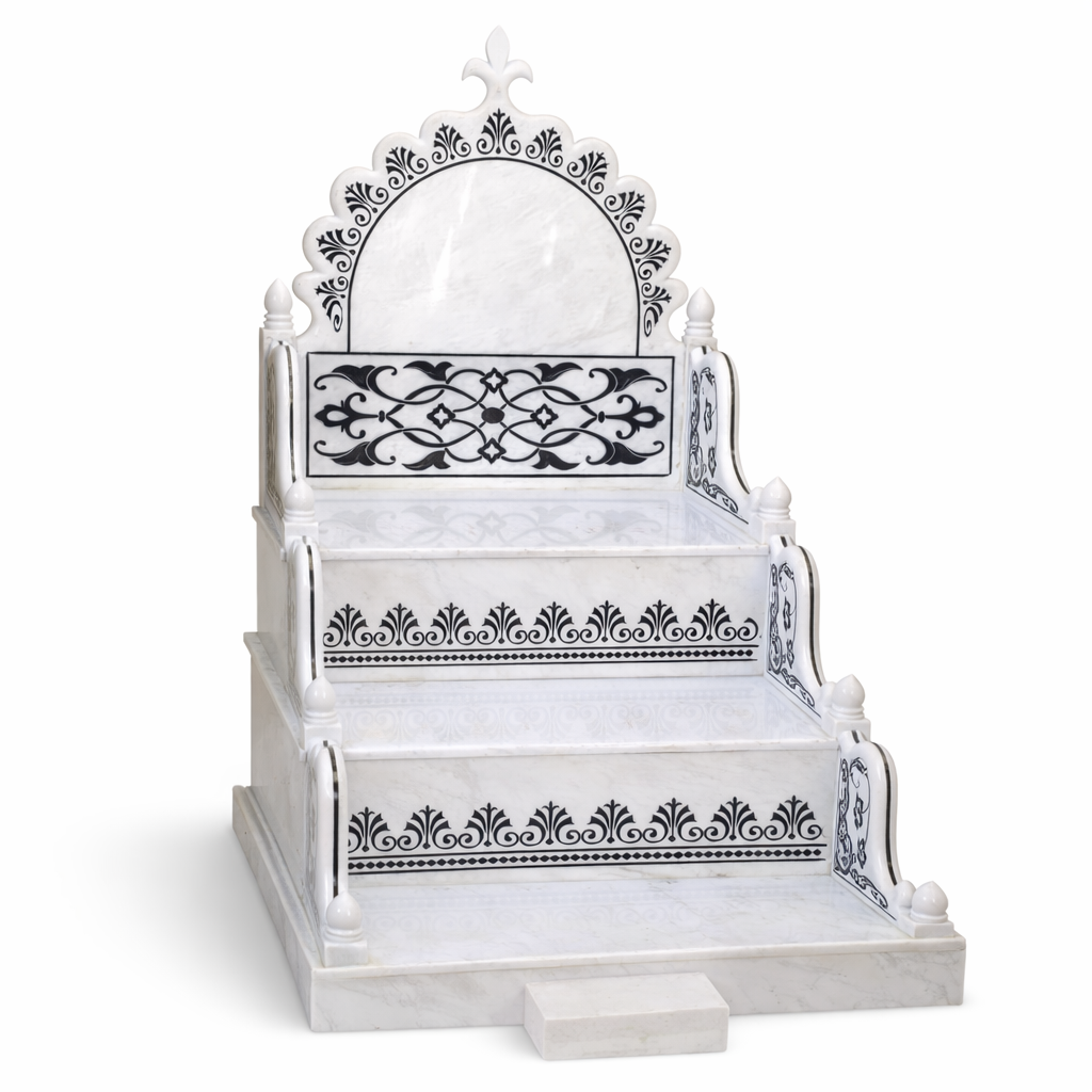 Handcrafted White Marble Temple Chowki with Black Inlay – Multi-Step Idol Stand for Pooja Mandir