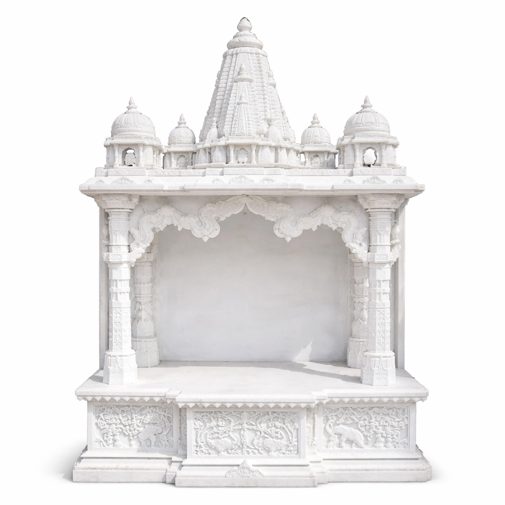 Handcrafted White Marble Temple for Home – Designer Marble Pooja Mandir with Dome