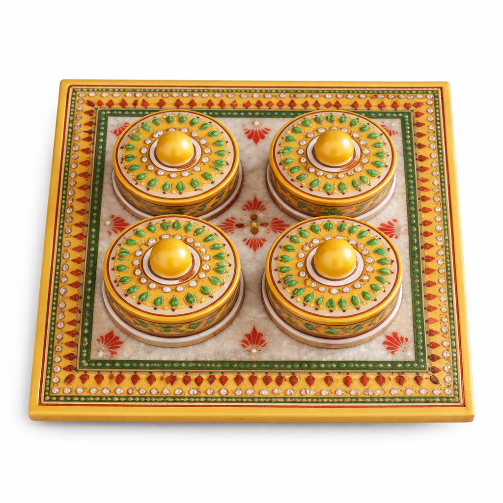 Handcrafted Marble Puja Chowki Set with 4 Decorative Containers