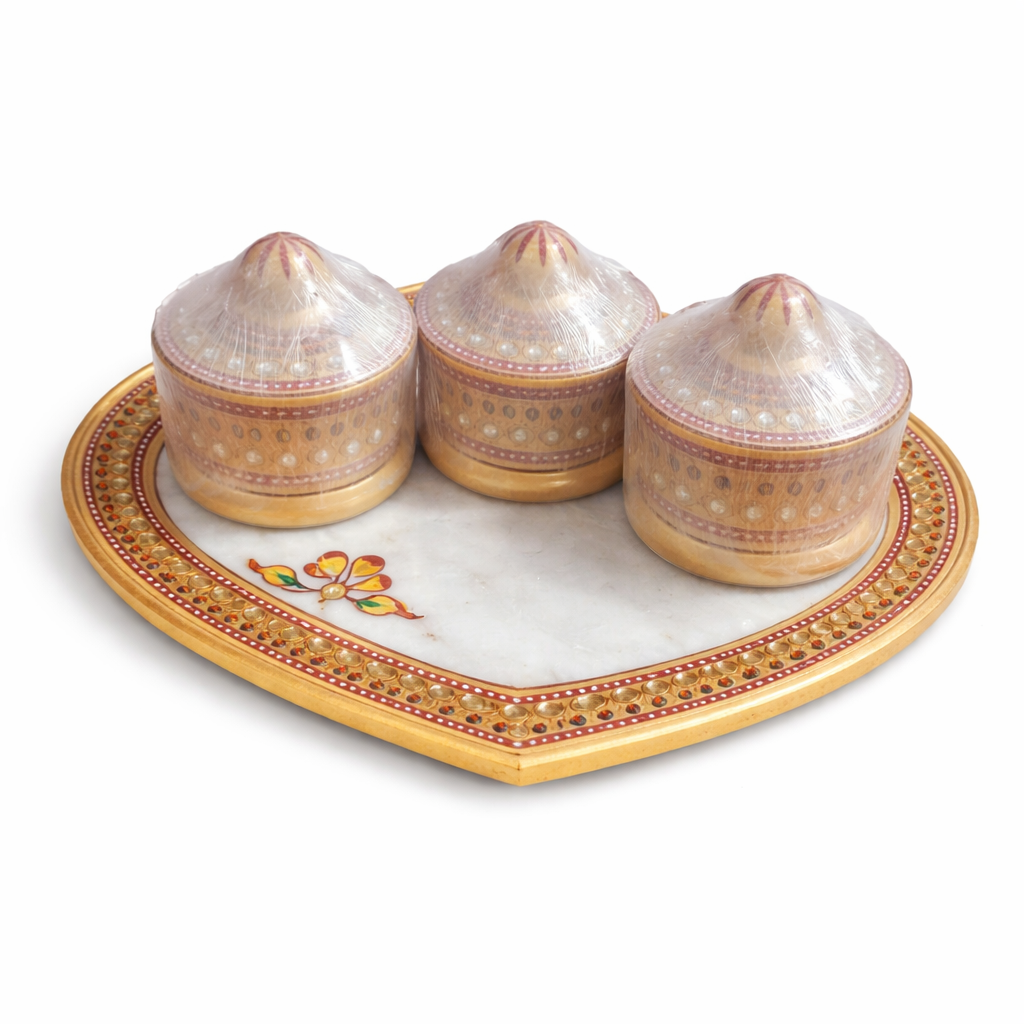 Handcrafted Marble Kumkum Box Set with Heart Shaped Tray (3 Container Pooja Set)