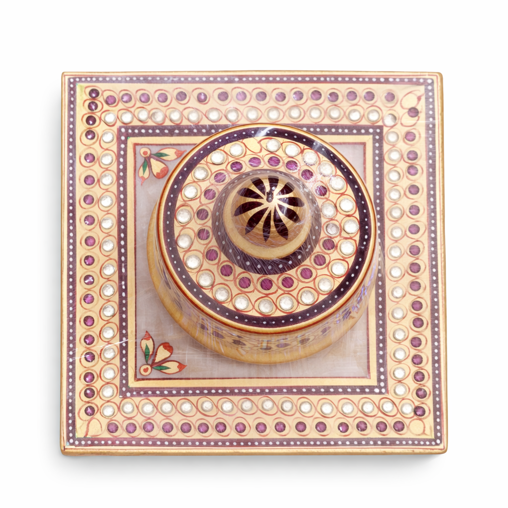 Handcrafted Marble Kumkum Box with Decorative Square Tray (Stone Work Pooja Set)