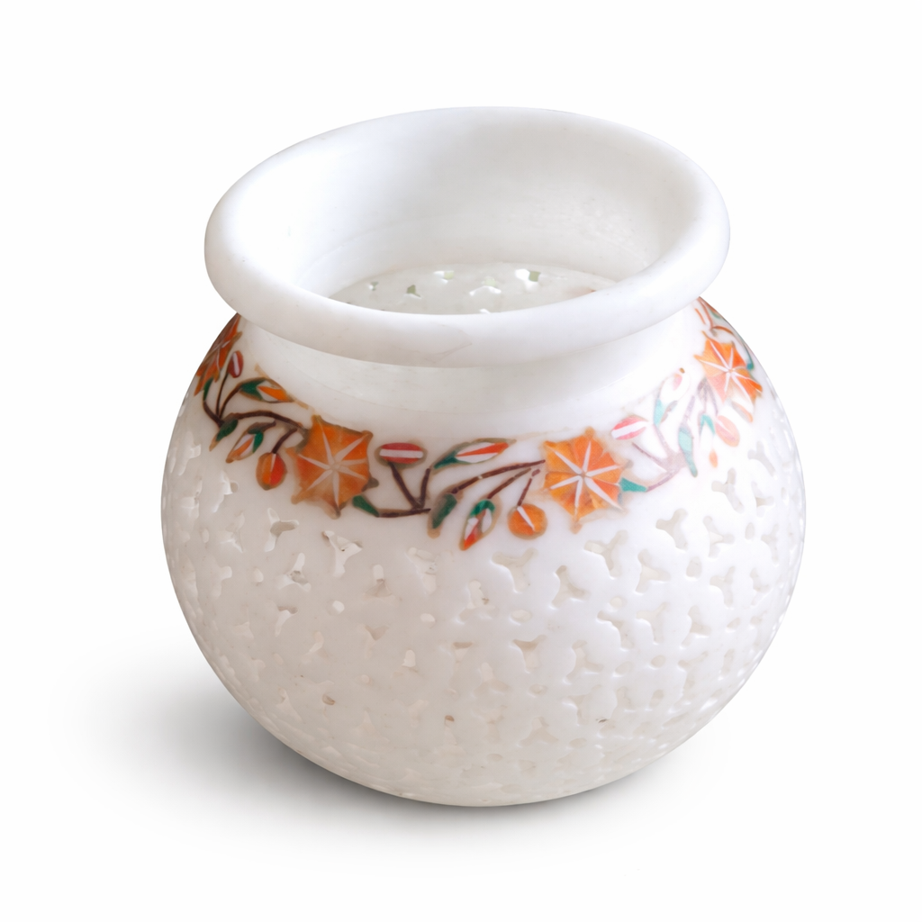 Handcrafted Marble Aroma Diffuser – Decorative Jali Carved Essential Oil Burner