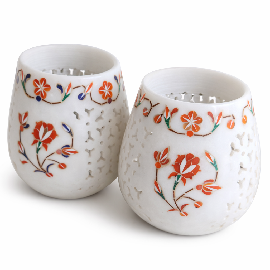 Handcrafted Marble Tealight Candle Holder Set – Floral Inlay Decorative Candle Stand