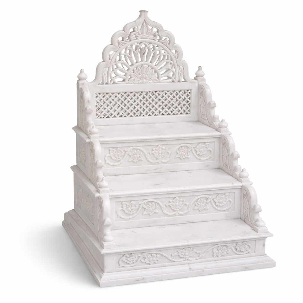 Handcrafted White Marble Temple Chowki – Carved Idol Stand for Pooja Mandir