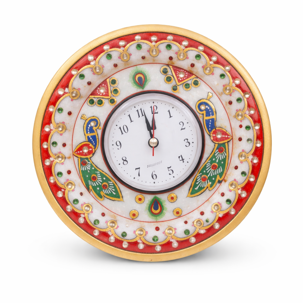 Handcrafted Marble Wall Clock with Peacock Meenakari Stone Inlay Work