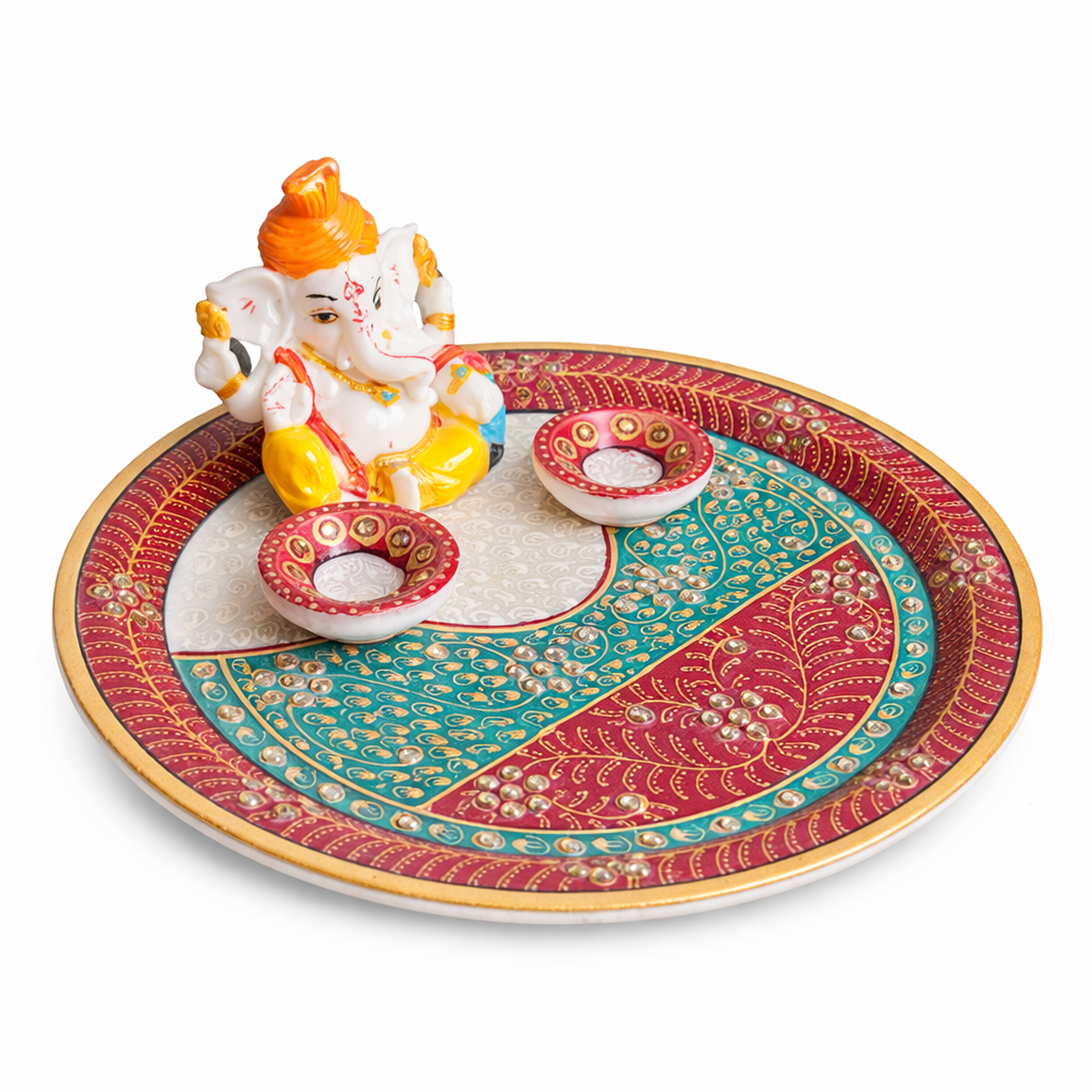 Handcrafted Marble Pooja Thali Set with Lord Ganesha Idol and Diya Holders