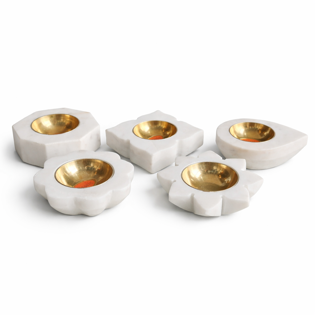 White Marble Tealight Candle Holder Set with Brass Bowl – Decorative Diya Holder for Home Decor (Set of 5)