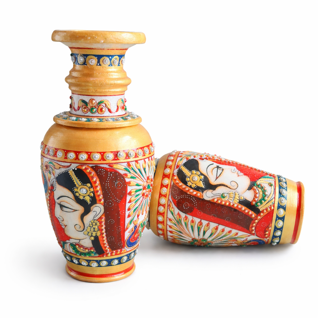 Hand Painted Decorative Marble Vase with Traditional Rajasthani Art – Home Decor Flower Vase