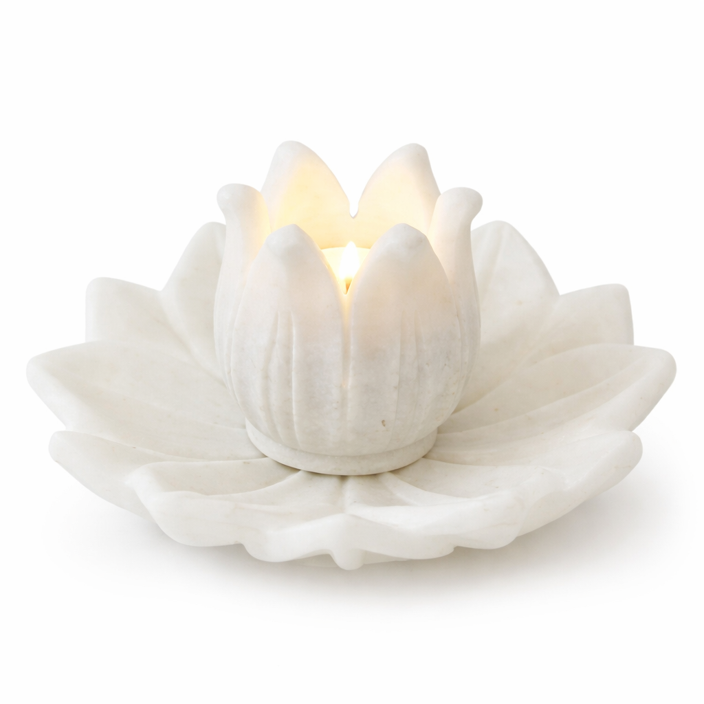 White Marble Lotus Tealight Candle Holder – Decorative Flower Diya for Home Decor
