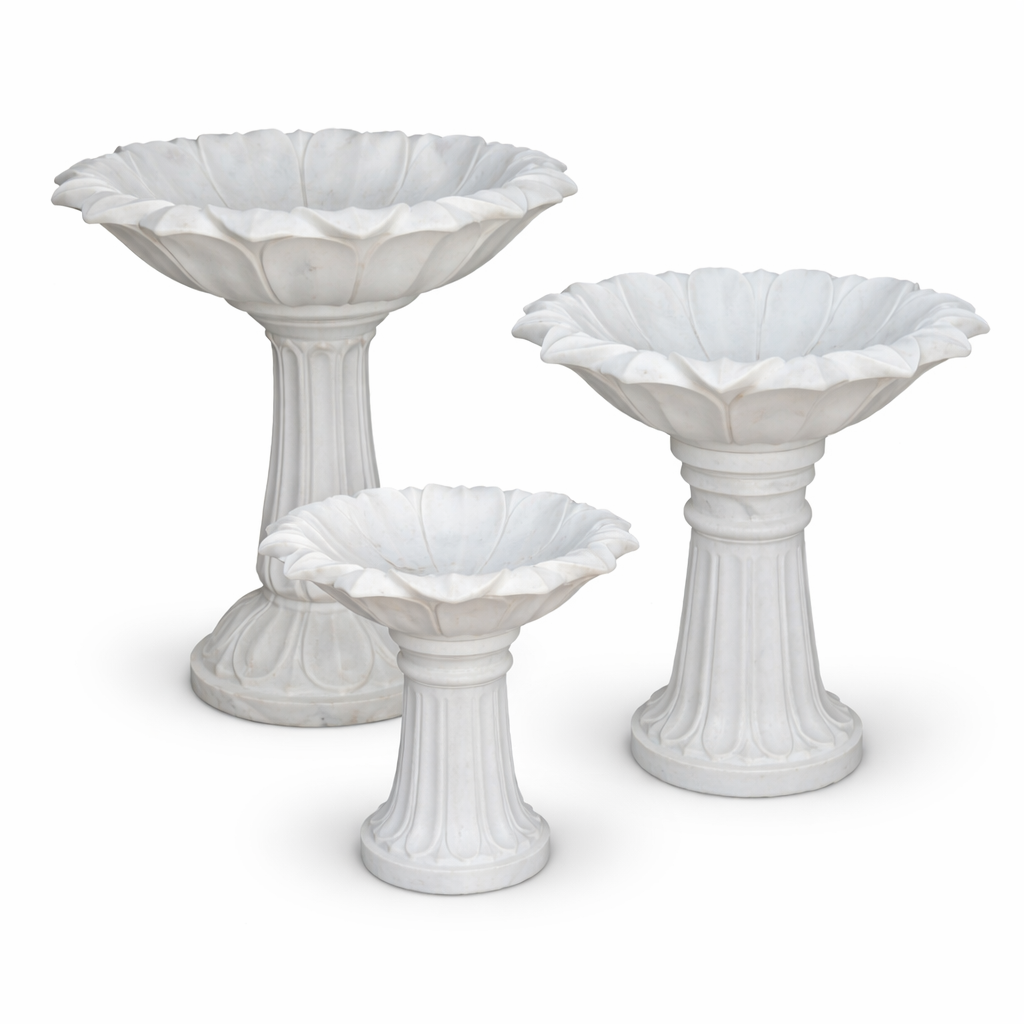 Handcrafted Marble Lotus Bird Bath Fountain – Garden Decorative Pedestal Bowl