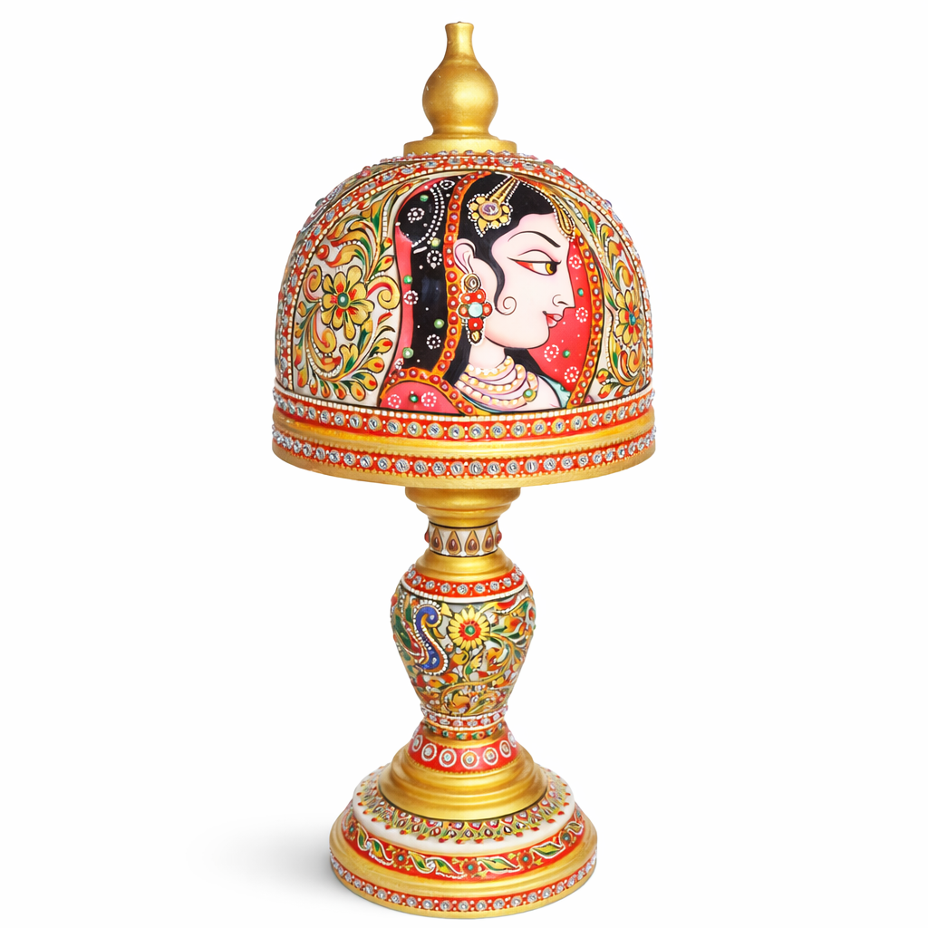 Handcrafted Marble Table Lamp with Rajasthani Lady Artwork – Traditional Hand Painted Decorative Lamp
