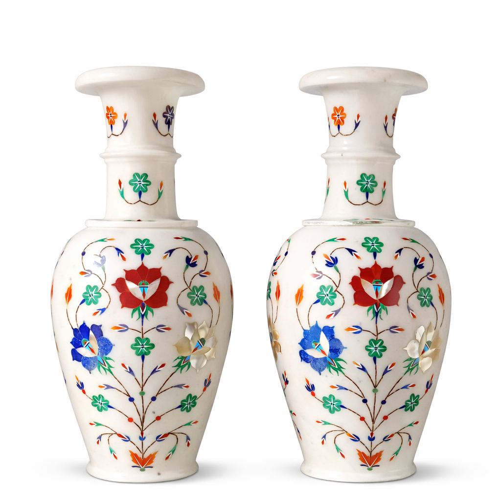 Handcrafted Marble Flower Vase Set – Floral Inlay Decorative Marble Vases (Set of 2)
