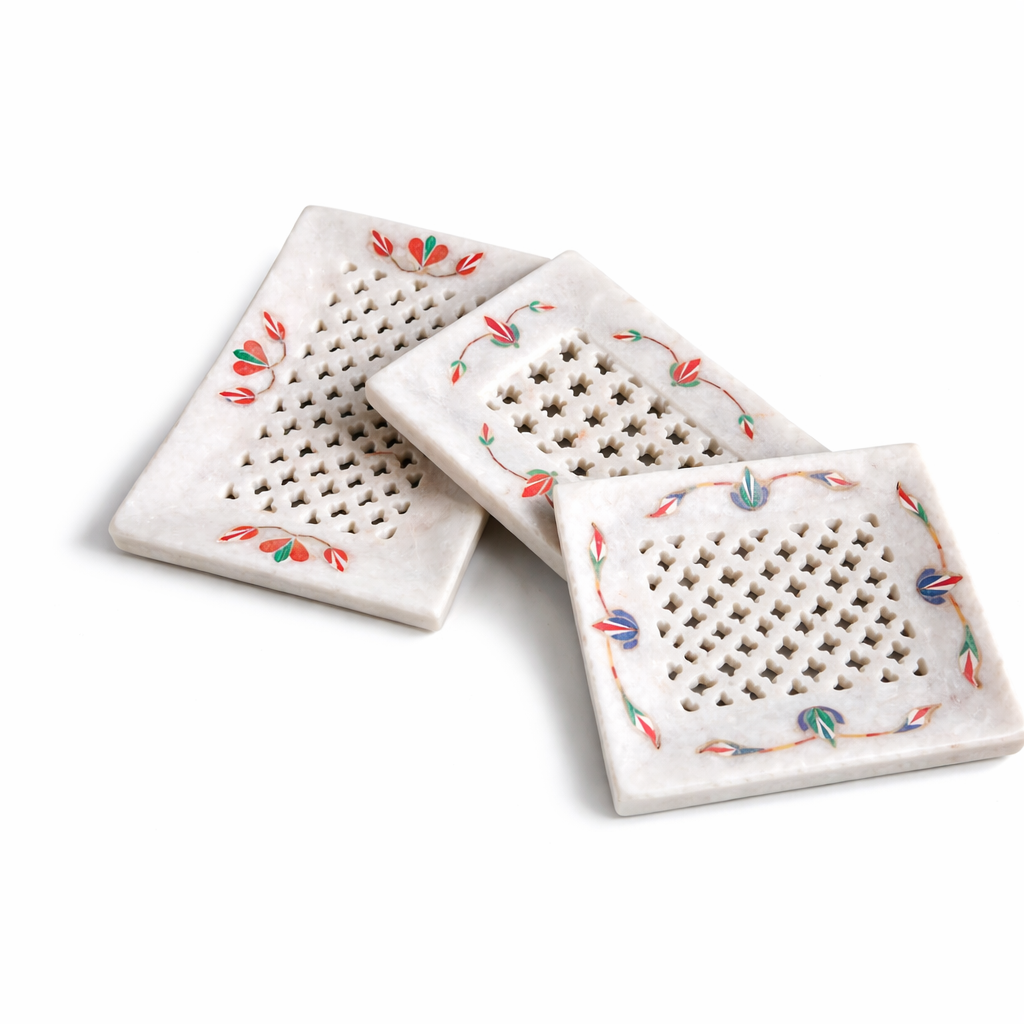 Handcrafted Marble Soap Dish / Decorative Tray – Floral Inlay Marble Bathroom Accessory