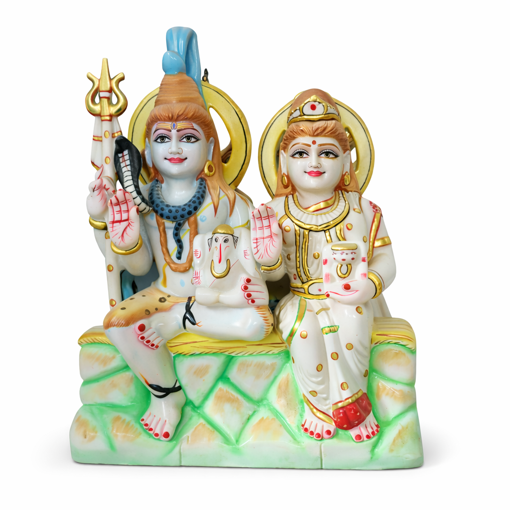 Handcrafted Shiv Parivar Marble Idol – Lord Shiva, Parvati & Ganesha Statue for Home Temple
