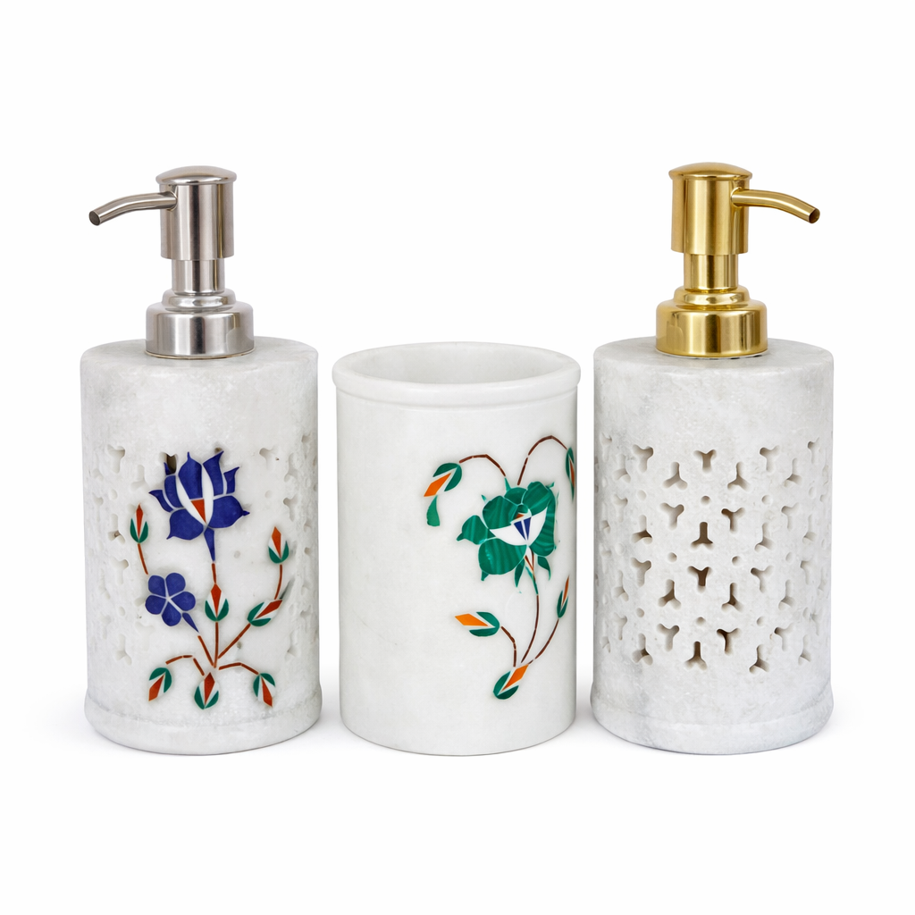 Handcrafted White Marble Bathroom Accessories Set – Marble Soap Dispenser & Holder Set