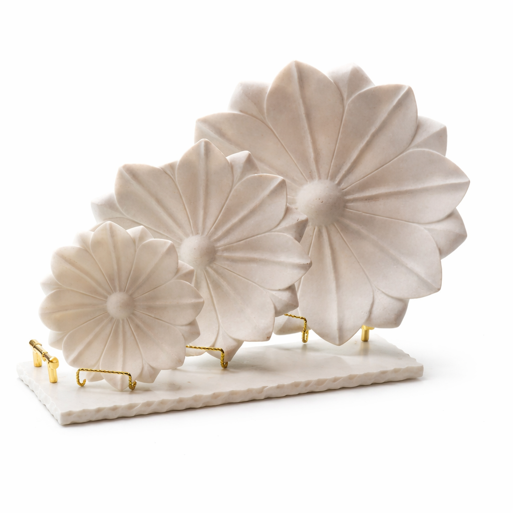 Elegant White Flower Sculpture Set | Modern Decorative Flower Art with Gold Stand