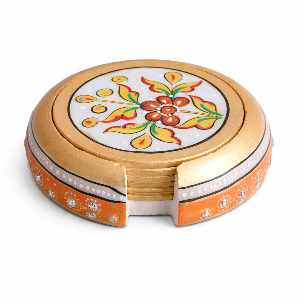 Hand-Painted Wooden Coaster Set with Holder | Decorative Tea Coaster Set