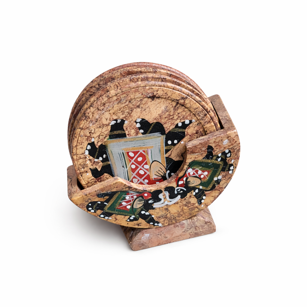 Handcrafted Elephant Design Coaster Set with Holder | Wooden Table Coasters