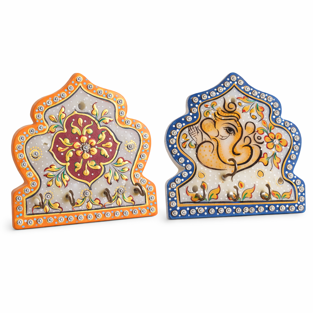 Hand-Painted Wooden Wall Key Holder | Decorative Key Hanger with Hooks