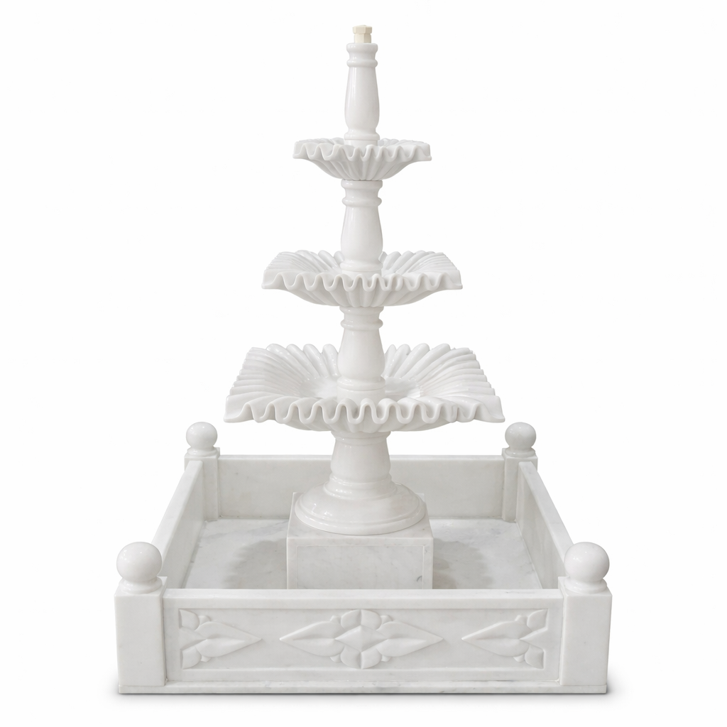 Premium White Marble 3-Tier Decorative Water Fountain with Base Tank
