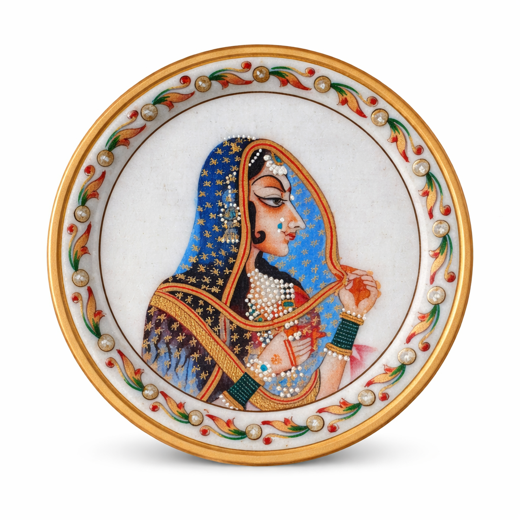 Hand-Painted Marble Decorative Plate | Rajasthani Miniature Art Wall Decor