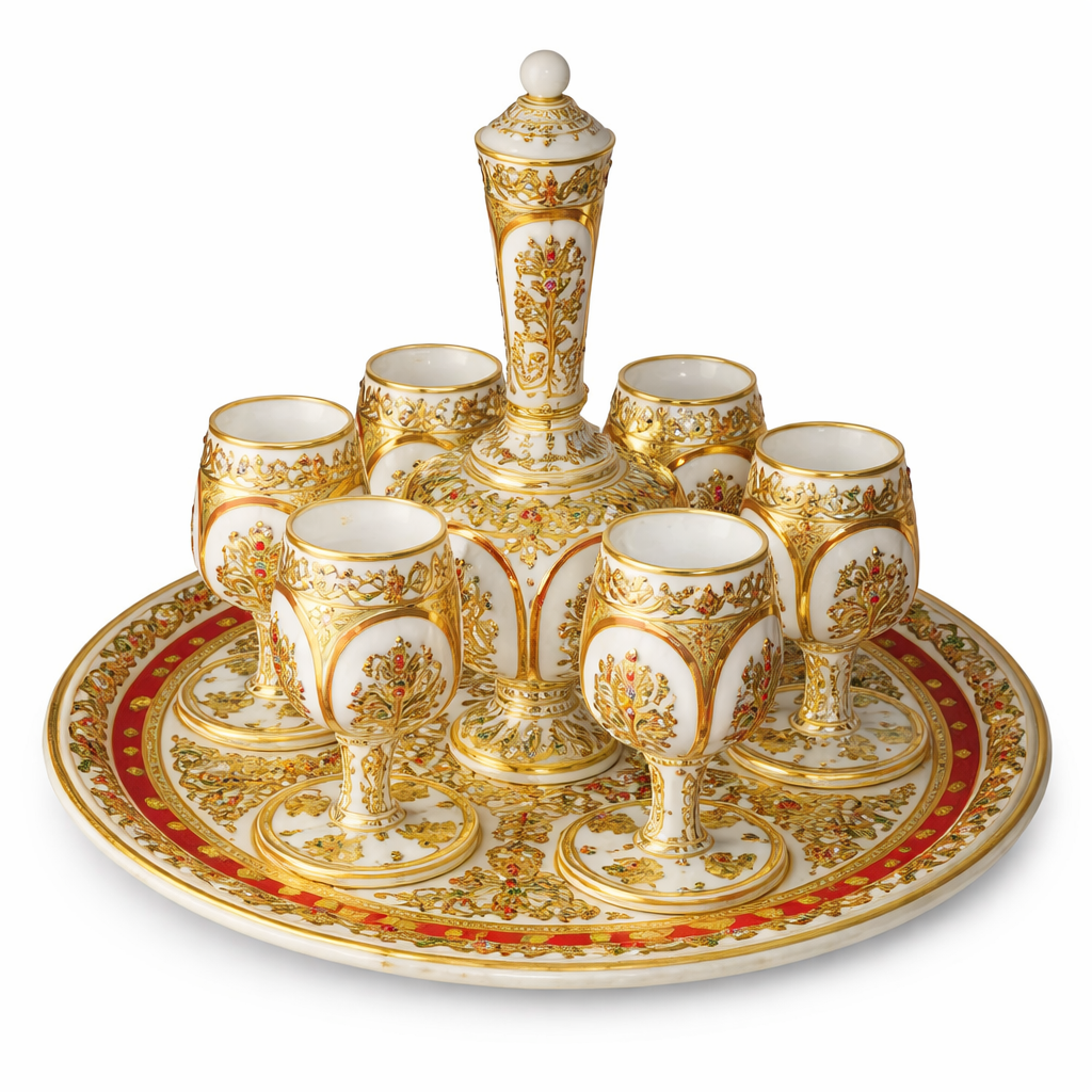 Hand-Painted Marble Wine Set with Tray | Royal Marble Goblet Drink Set