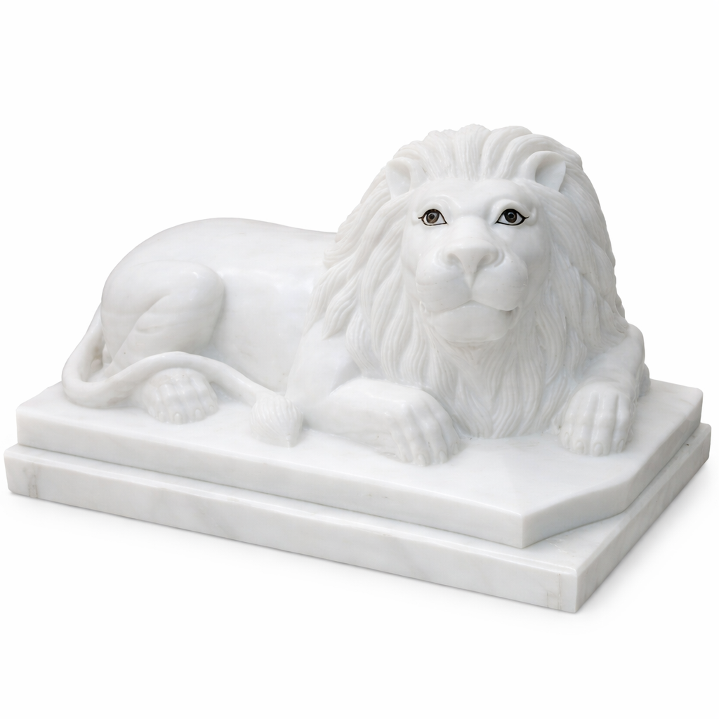 Handcrafted White Marble Lion Statue | Decorative Marble Lion Sculpture