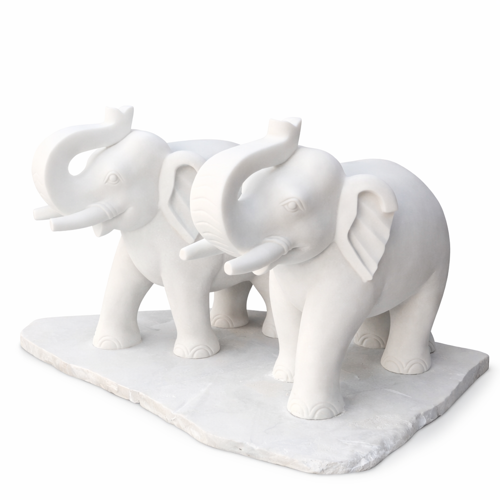 Handcrafted White Marble Elephant Statue Pair | Decorative Marble Elephant Set