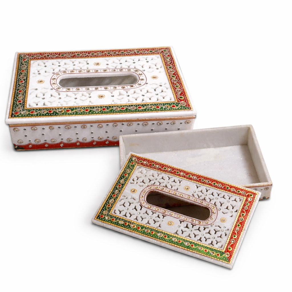 Handcrafted Marble Tissue Box Holder with Lid – Decorative Stone Inlay Tissue Box Cover