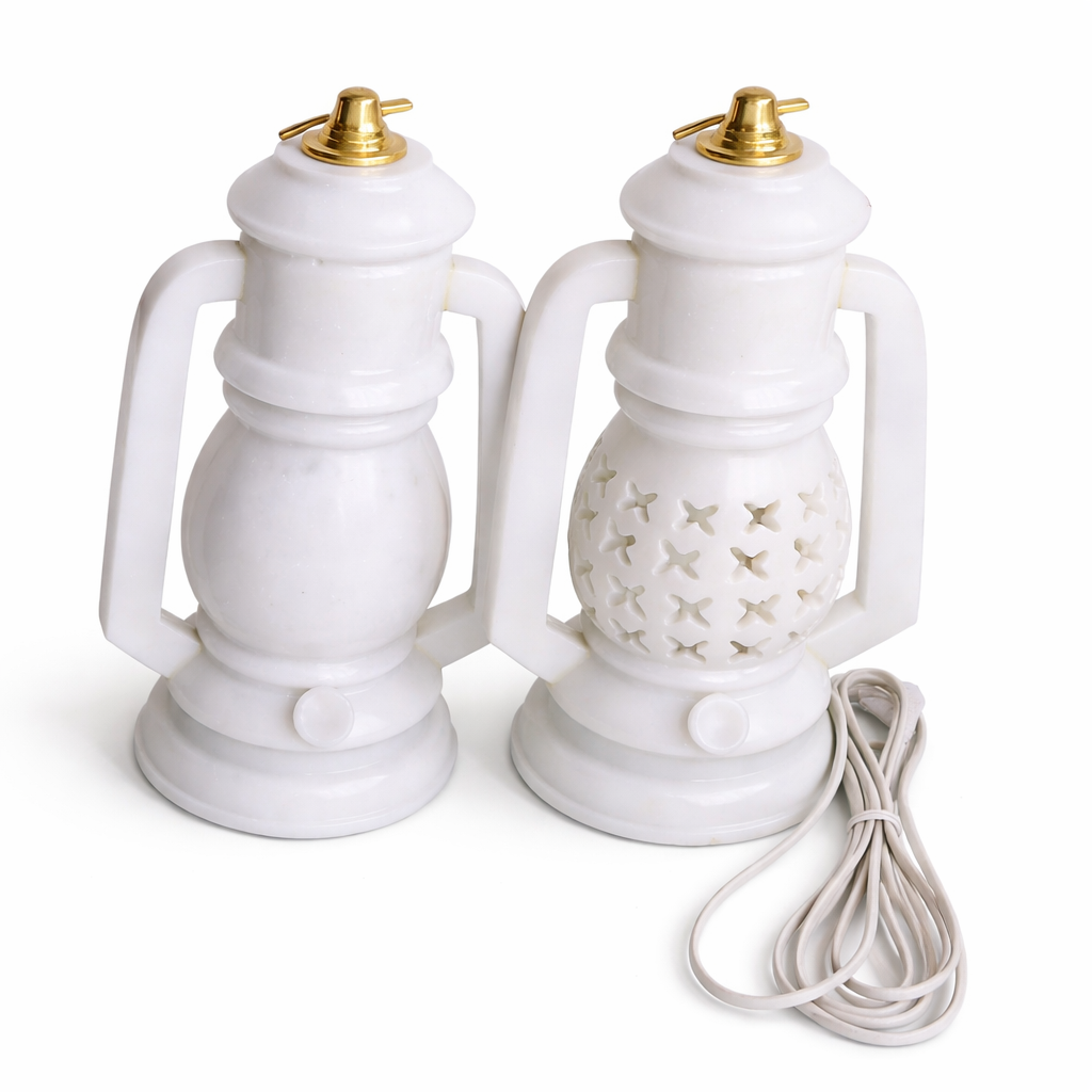 Handcrafted Marble Electric Lantern Lamp with Jali Carving – Decorative Table Light