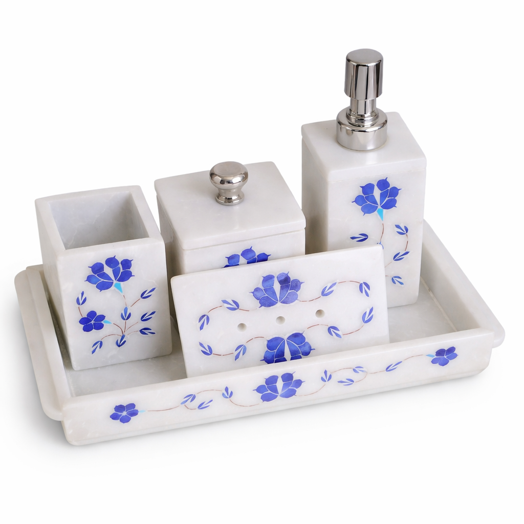 Handcrafted Marble Bathroom Accessories Set with Tray – Blue Floral Inlay (5 Pieces)