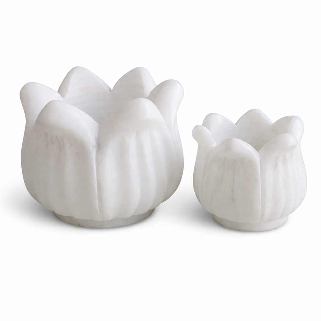 Handcrafted Marble Lotus Bowl / Diya Set – Decorative Marble Lotus Holder (Set of 2)