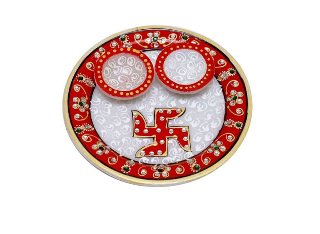 Handcrafted Marble Pooja Thali with Diya Holders and Stone Inlay Work