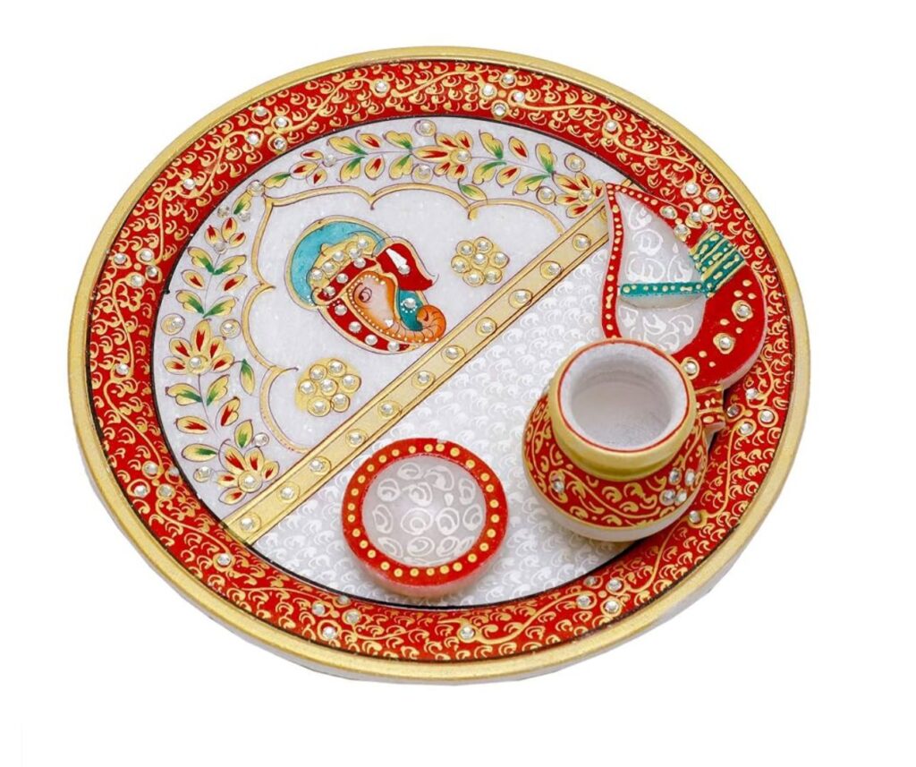 Handcrafted Marble Karwa Chauth Pooja Thali Set with Meenakari Stone Inlay Work