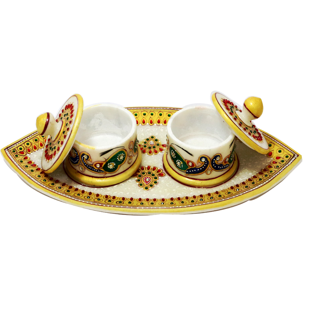 Handcrafted Marble Pooja Tray Set with 2 Decorative Kumkum Boxes
