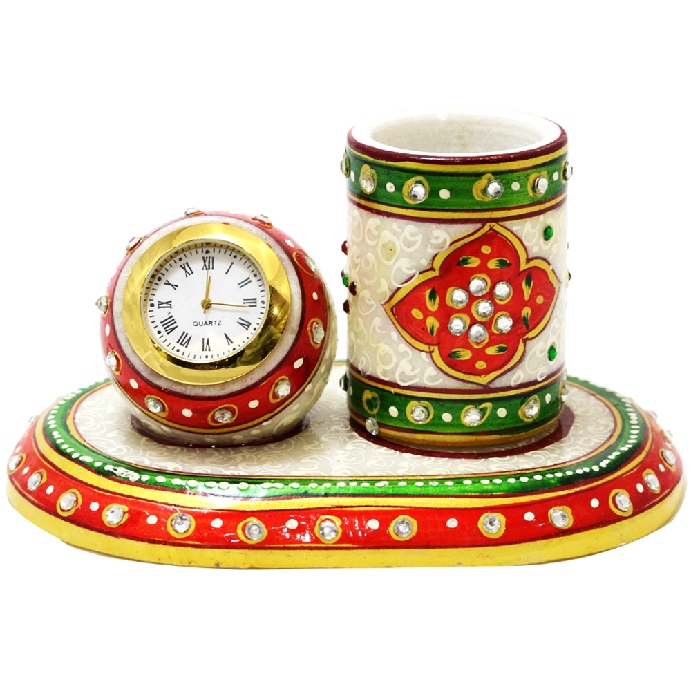 Handcrafted Marble Pen Stand with Clock – Decorative Stone Inlay Desk Organizer