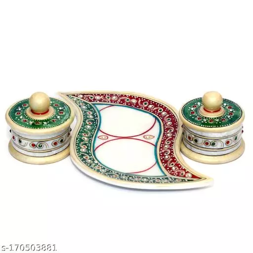 Handcrafted Marble Designer Pooja Tray with 2 Kumkum Boxes
