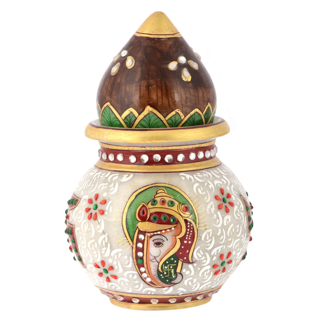 Handcrafted Marble Kalash – Decorative Pooja Pot with Hand Painted Artwork