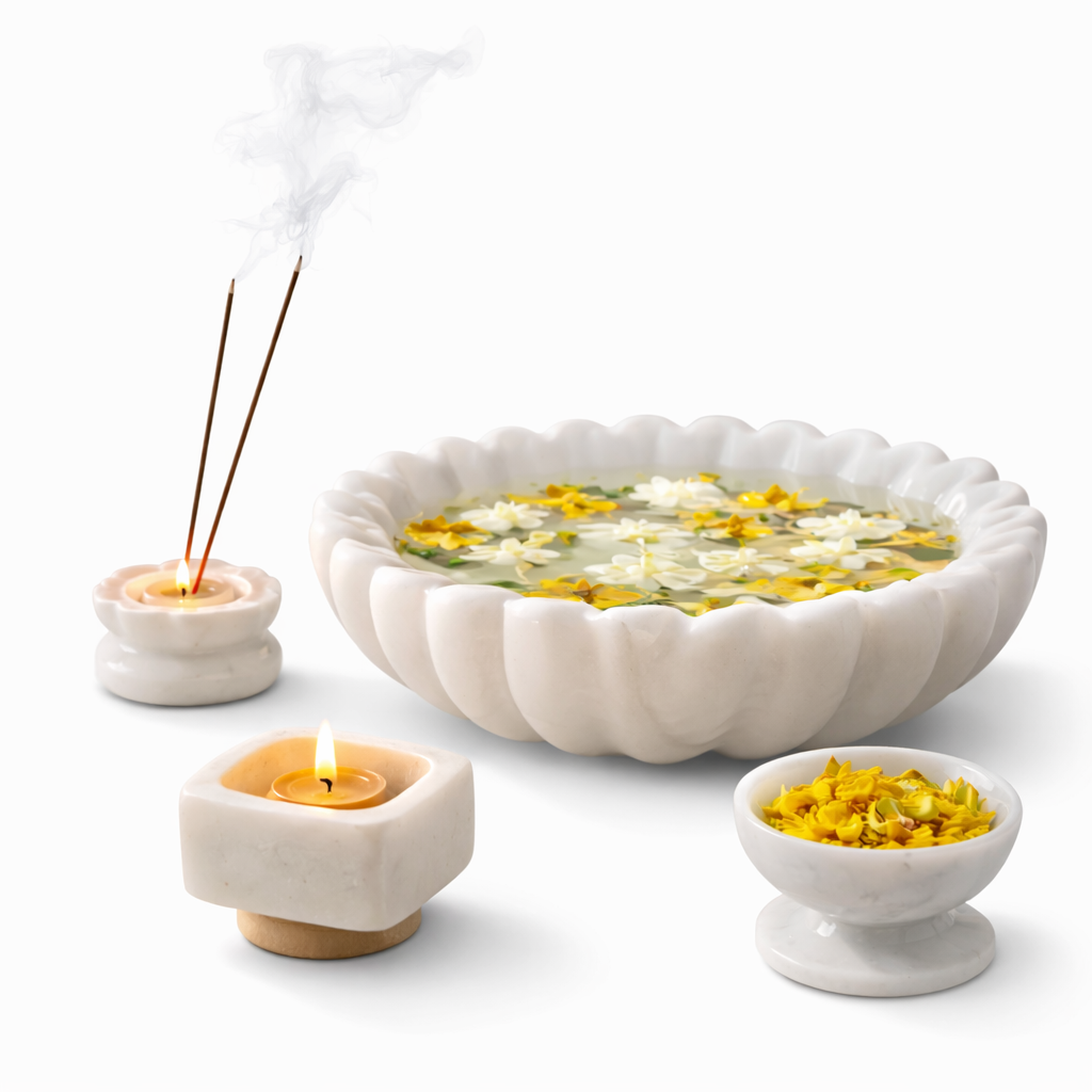 Handcrafted Marble Urli Bowl Set with Diya & Incense Holder | Decorative Home & Pooja Set
